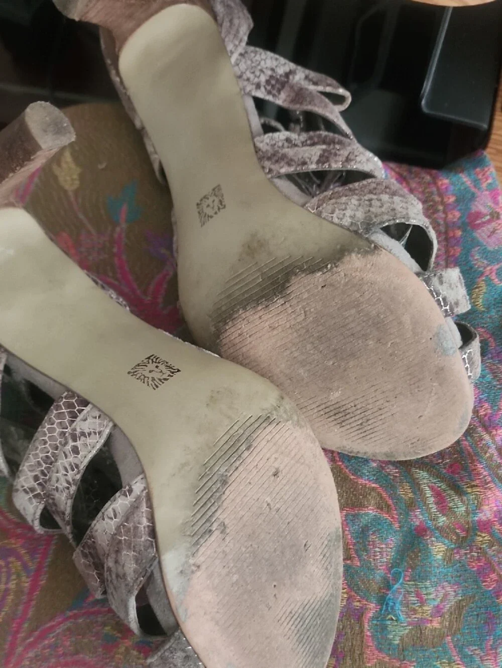 Anne Klein Taupe Snakeskin Lace-Up Peep-Toe Heels